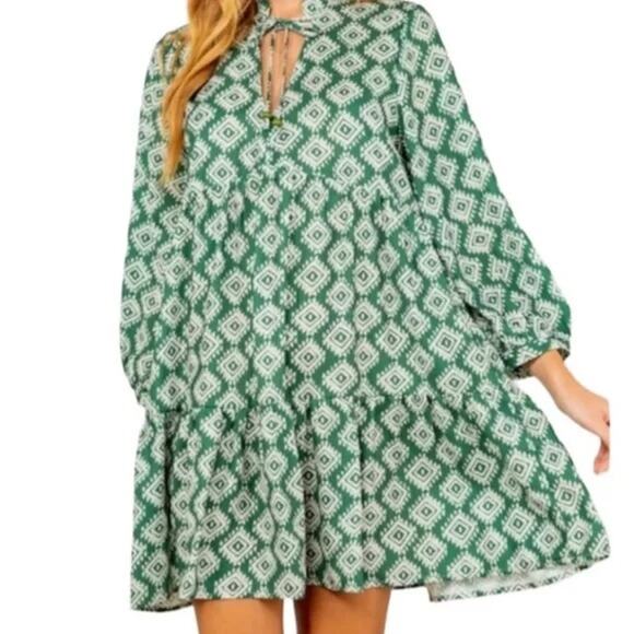 Zara Oversized Cadie Geometric Print Tiered Pleated Mini Dress Tie XS Green - Picture 1 of 15